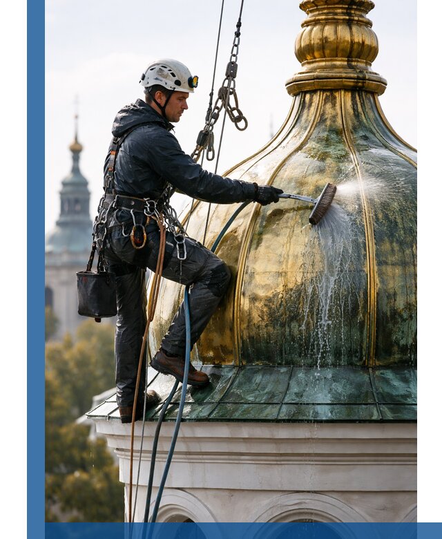 Профессиональная мойка куполов и шпилей высотными альпинистами в Сергиеве Посаде