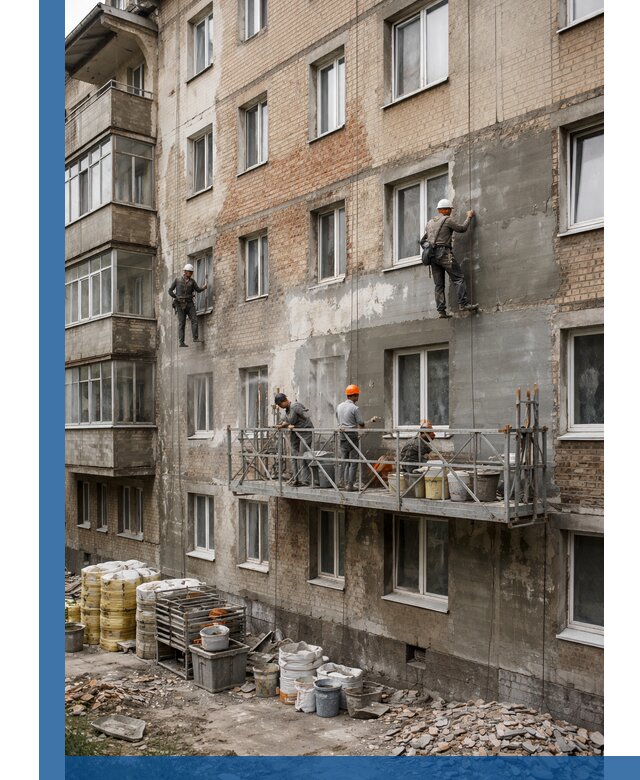 Капитальный ремонт фасада в Сергиеве Посаде с восстановлением и гидроизоляцией