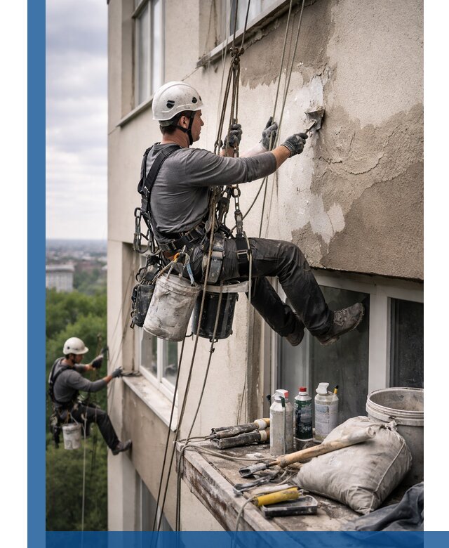 Косметический ремонт фасада зданий в Сергиеве Посаде промышленными альпинистами