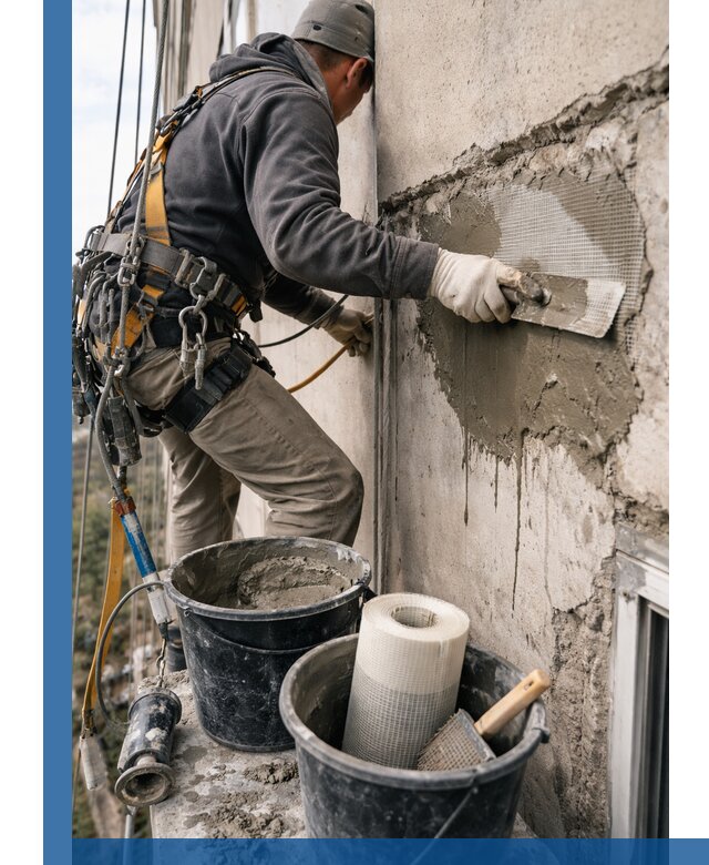 Ремонт бетонных элементов фасада промышленными альпинистами в Сергиеве Посаде