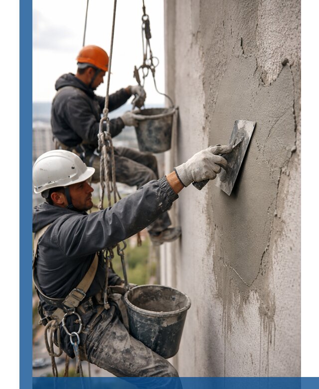 Штукатурка фасада на высоте в Сергиеве Посаде профессиональные работы