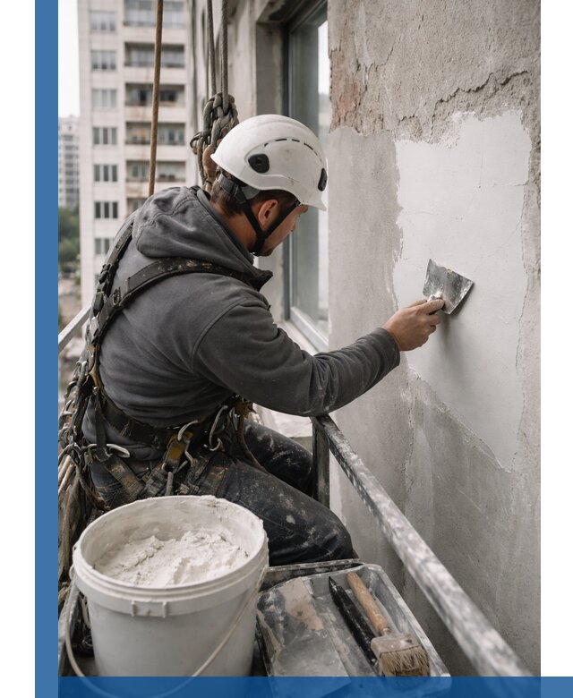 Шпаклевка фасадов на высоте с промальпинистами в Сергиеве Посаде