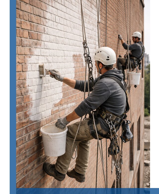 Покраска кирпичного фасада с доступным альпинистским сервисом в Сергиеве Посаде