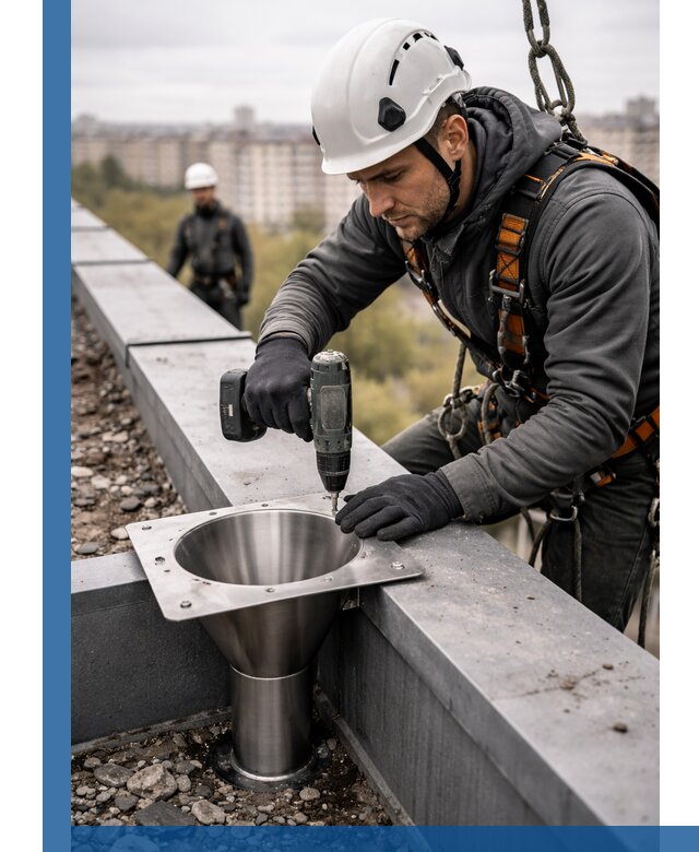 Монтаж водосточных воронок в Сергиеве Посаде для промышленных зданий