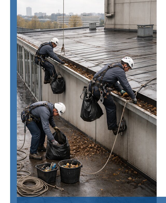 Очистка кровли по периметру в Сергиеве Посаде силами промышленных альпинистов
