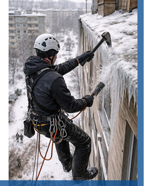 Сбивание сосулек с крыши в Сергиеве Посаде по цене от 4605 р. | ВЫСОТНИК-Сгп