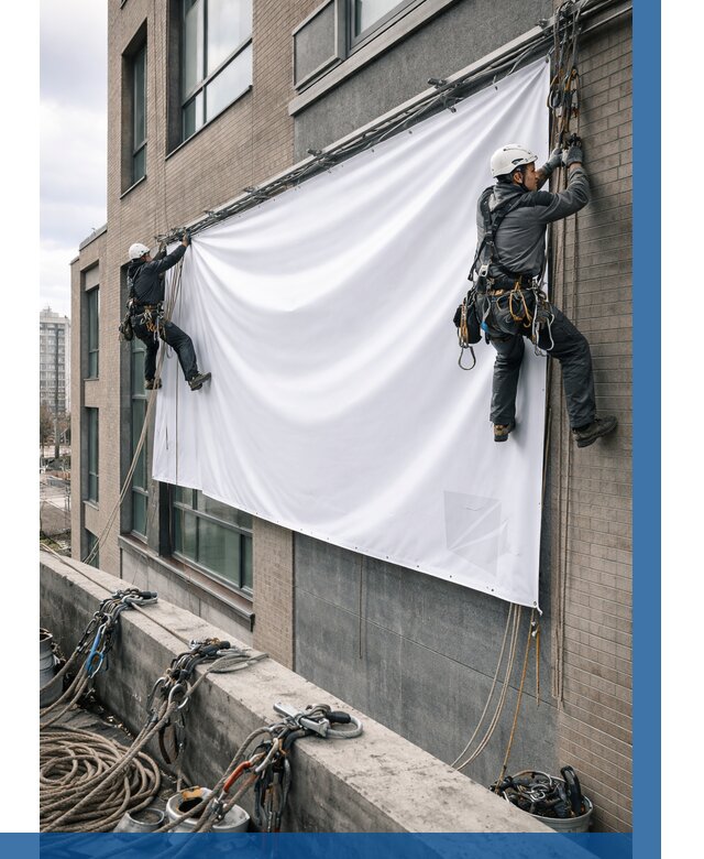 Монтаж баннеров на фасаде в Сергиеве Посаде от 665 р. заказать ВЫСОТНИК-Сгп