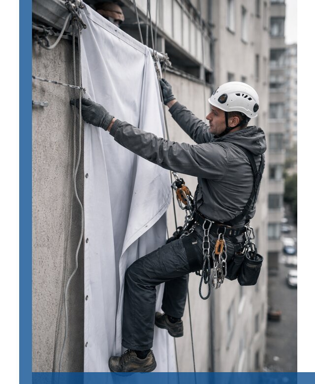 Замена баннерного полотна промышленными альпинистами в Сергиеве Посаде