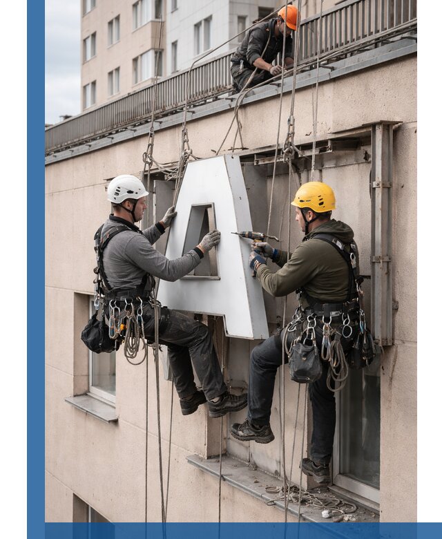 Ремонт и восстановление наружных вывесок на высоте в Сергиеве Посаде