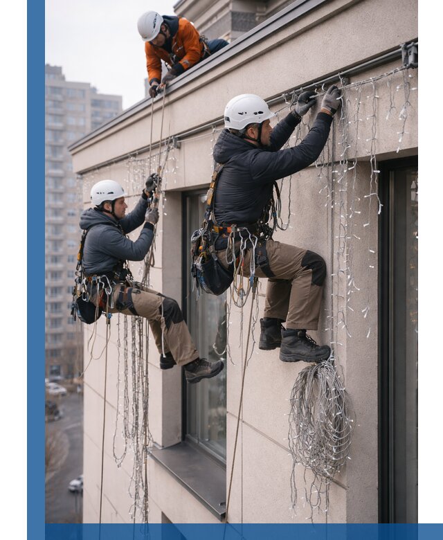 Монтаж праздничных гирлянд на фасаде в Сергиеве Посаде для зданий