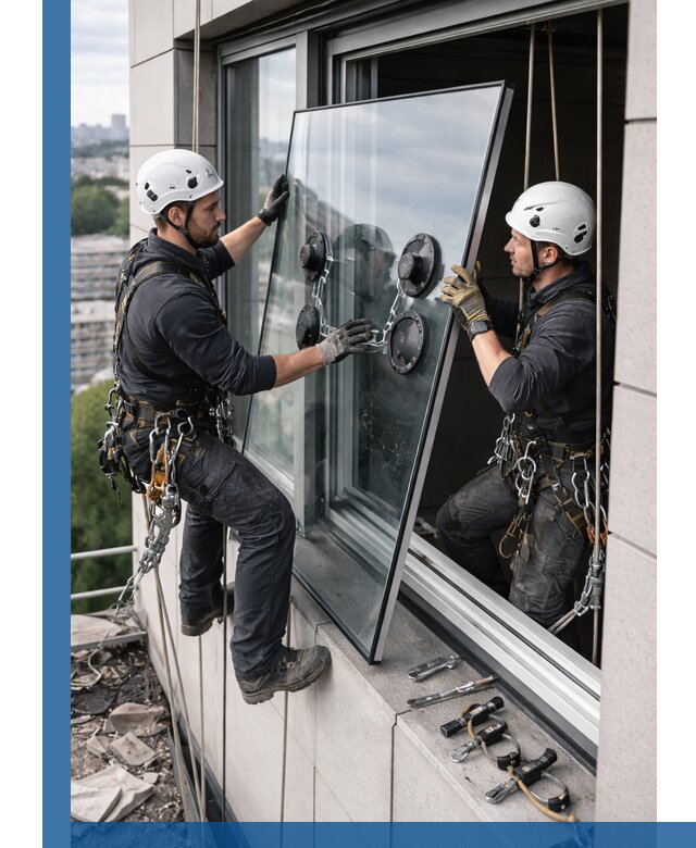Замена стеклопакетов на высоте с промышленными альпинистами в Сергиеве Посаде
