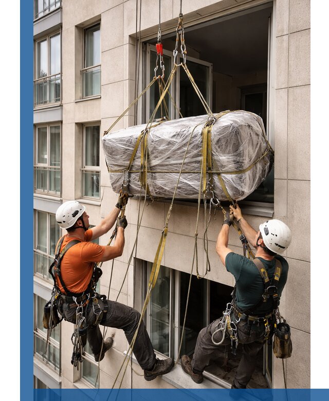 Подъем грузов через окно в Сергиеве Посаде промышленными альпинистами