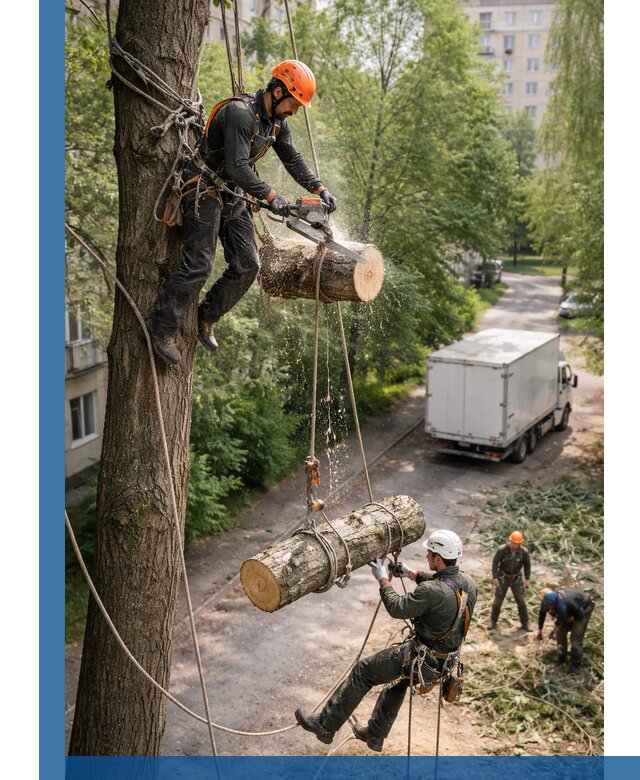 Спил деревьев альпинистами в Сергиеве Посаде, безопасно и без повреждений